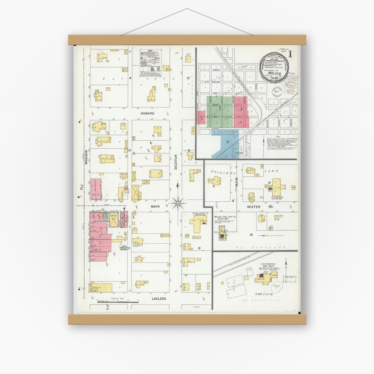 Old map wall art mockup — magnetic wood frame on white wall — Sanborn Fire Insurance Map from Malden, Dunklin County, Missouri (1900), Sheet #0001