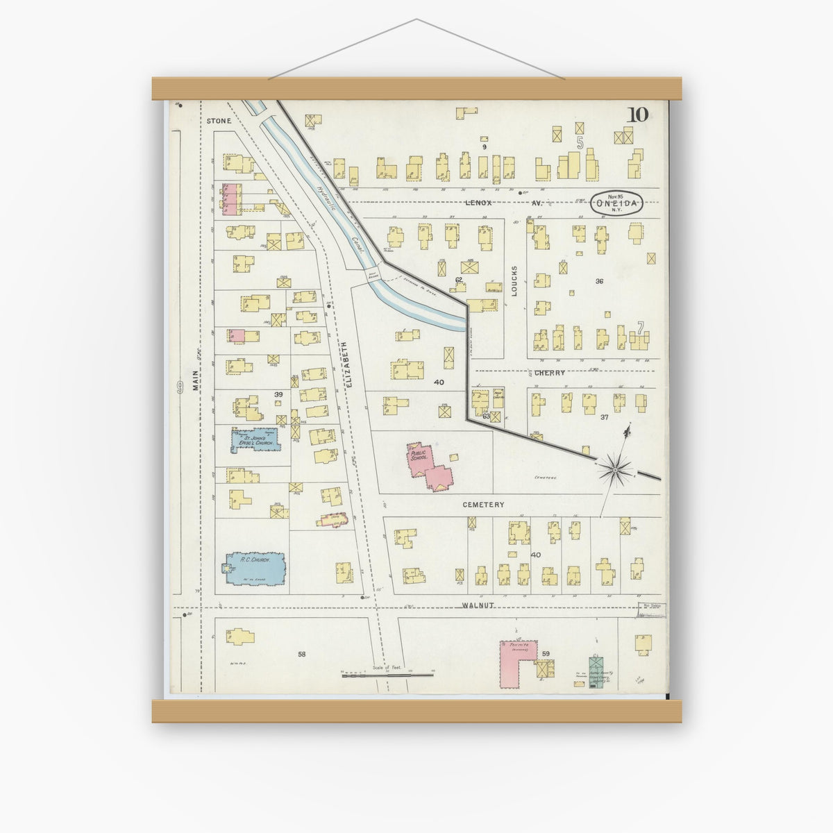 Old map wall art mockup — magnetic wood frame on white wall — Sanborn Fire Insurance Map from Oneida, Madison County, New York (1895), Sheet #0010