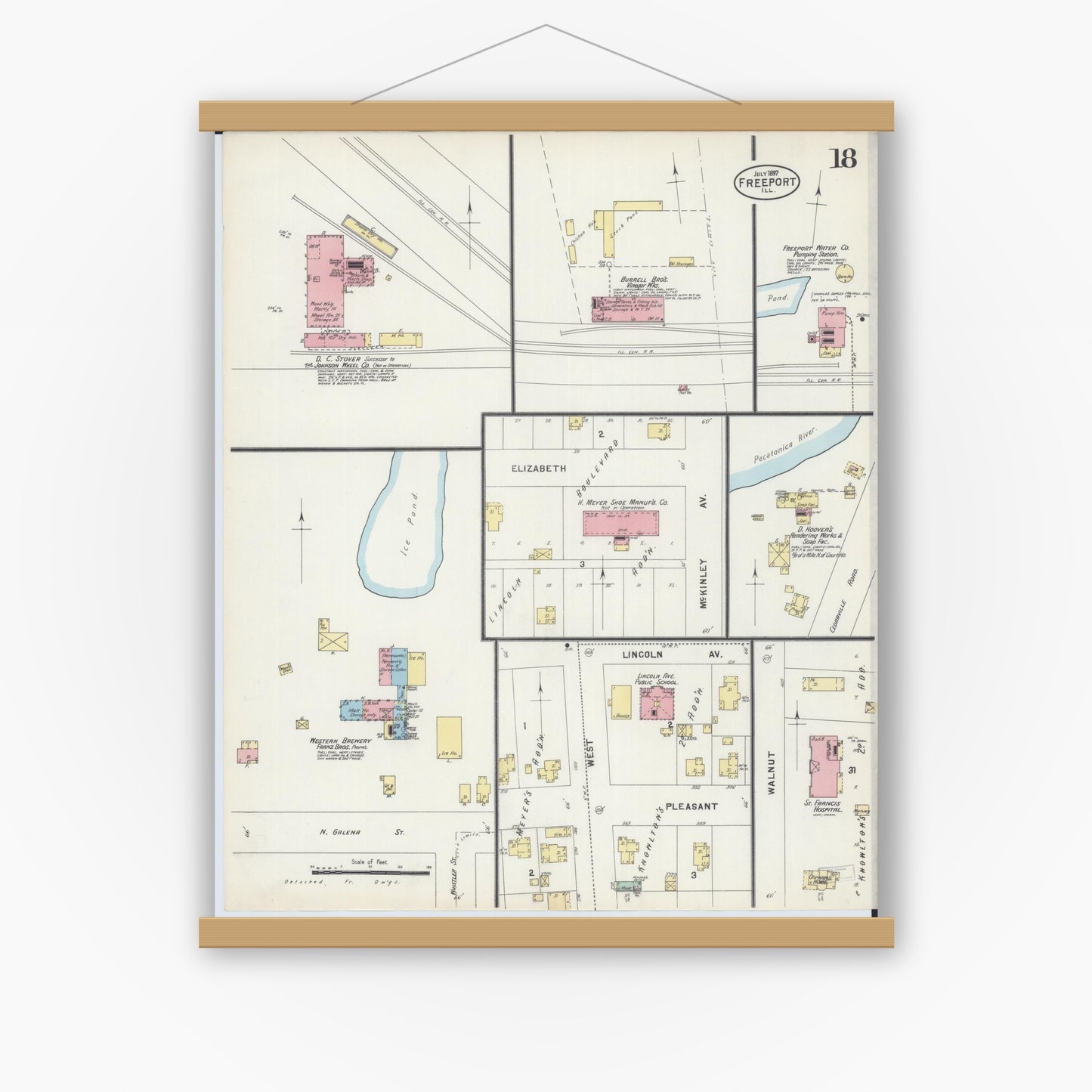 Old map wall art mockup — magnetic wood frame on white wall — Sanborn Fire Insurance Map from Freeport, Stephenson County, Illinois (1897), Sheet #0018