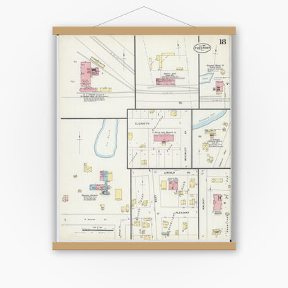 Old map wall art mockup — magnetic wood frame on white wall — Sanborn Fire Insurance Map from Freeport, Stephenson County, Illinois (1897), Sheet #0018