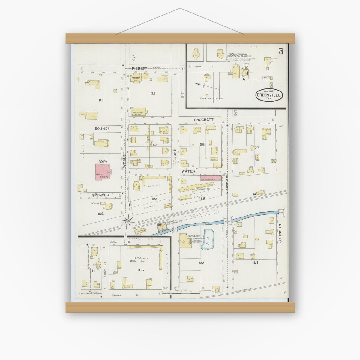 Old map wall art mockup — magnetic wood frame on white wall — Sanborn Fire Insurance Map from Greenville, Hunt County, Texas (1893), Sheet #0005