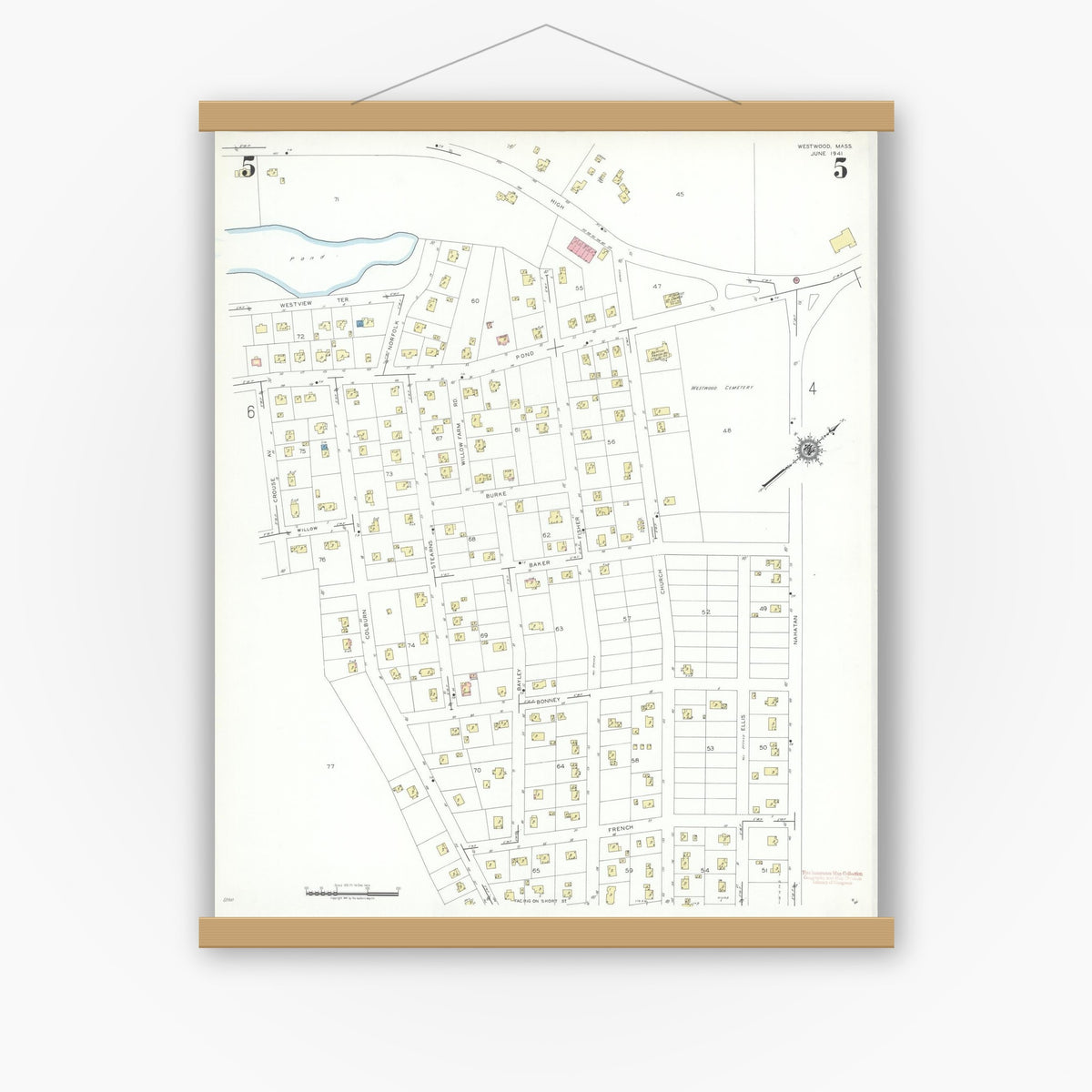 Old map wall art mockup — magnetic wood frame on white wall — Sanborn Fire Insurance Map from Westwood, Norfolk County, Massachusetts (1941), Sheet #0005