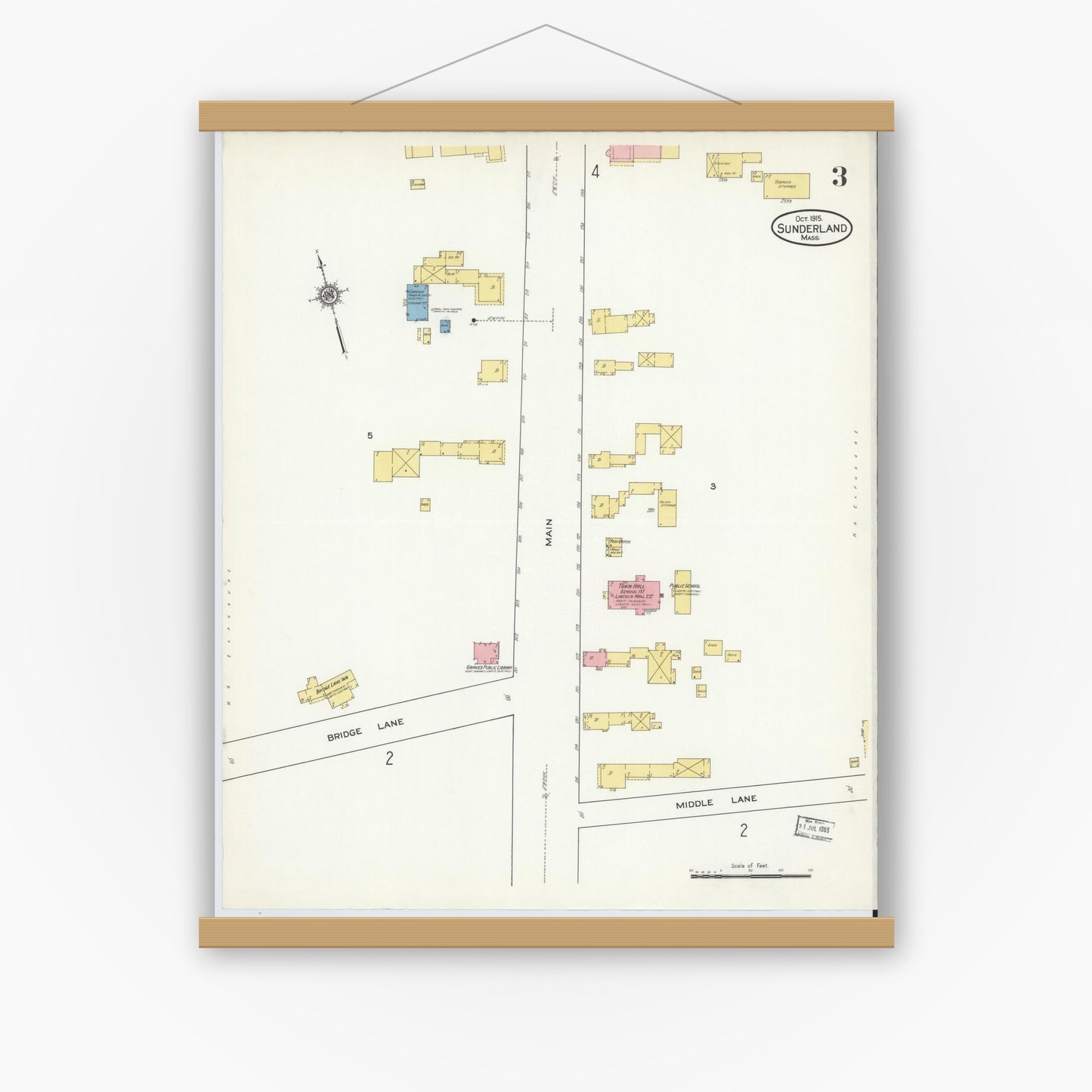 Old map wall art mockup — magnetic wood frame on white wall — Sanborn Fire Insurance Map from Sunderland, Franklin County, Massachusetts (1915), Sheet #0003