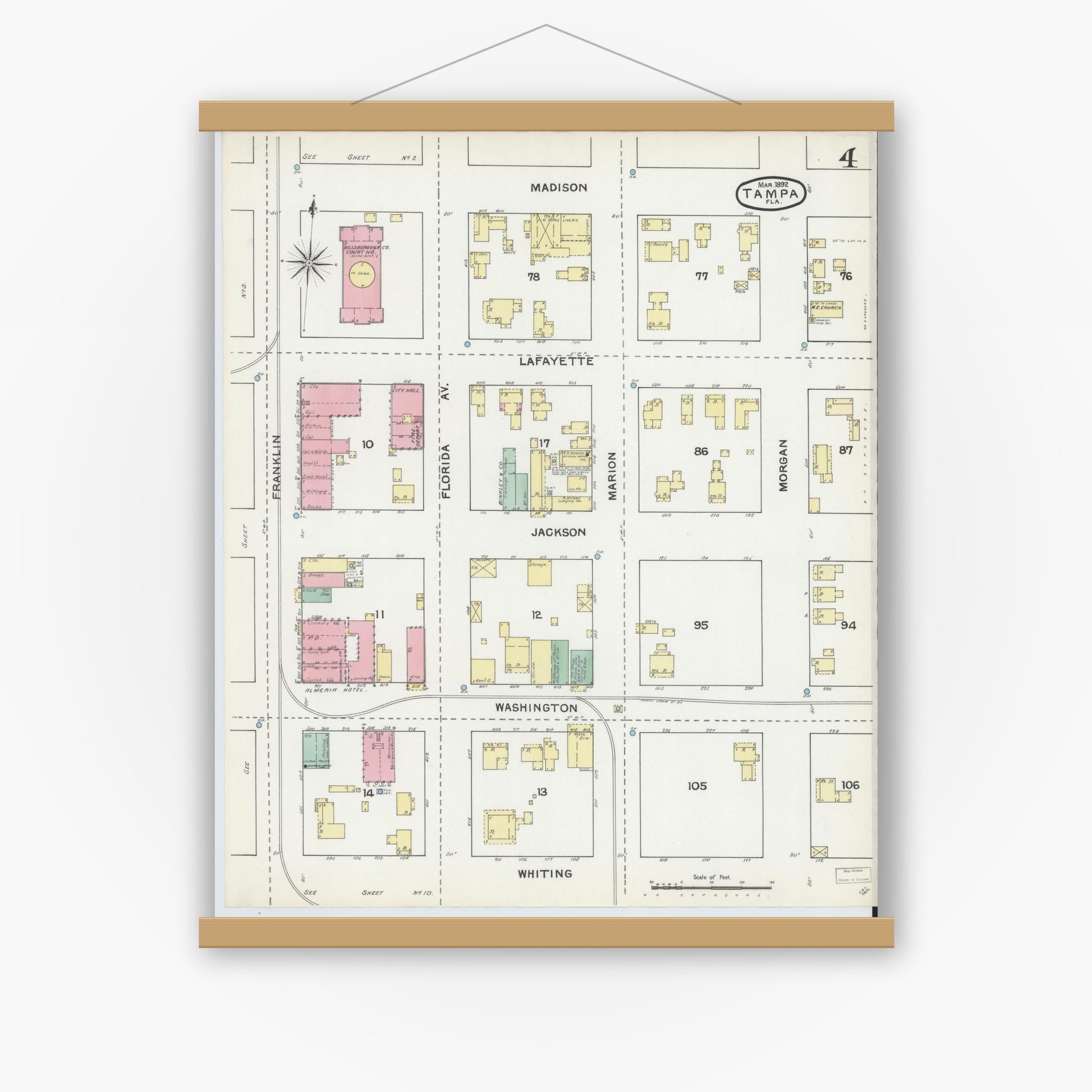 Old map wall art mockup — magnetic wood frame on white wall — Sanborn Fire Insurance Map from Tampa, Hillsborough County, Florida (1892), Sheet #0004