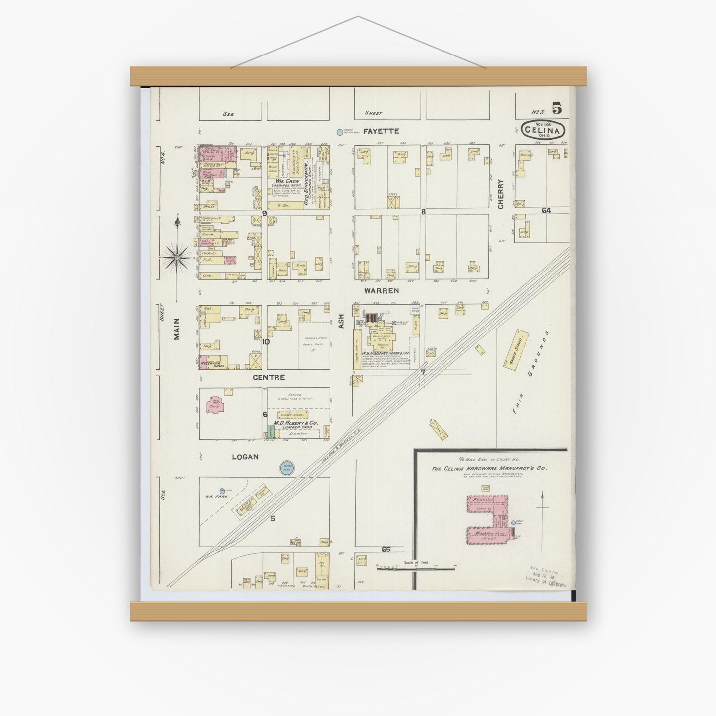 Old map wall art mockup — magnetic wood frame on white wall — Sanborn Fire Insurance Map from Celina, Mercer County, Ohio (1890), Sheet #0005