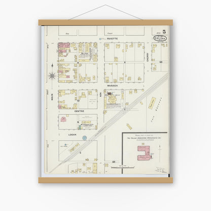 Old map wall art mockup — magnetic wood frame on white wall — Sanborn Fire Insurance Map from Celina, Mercer County, Ohio (1890), Sheet #0005