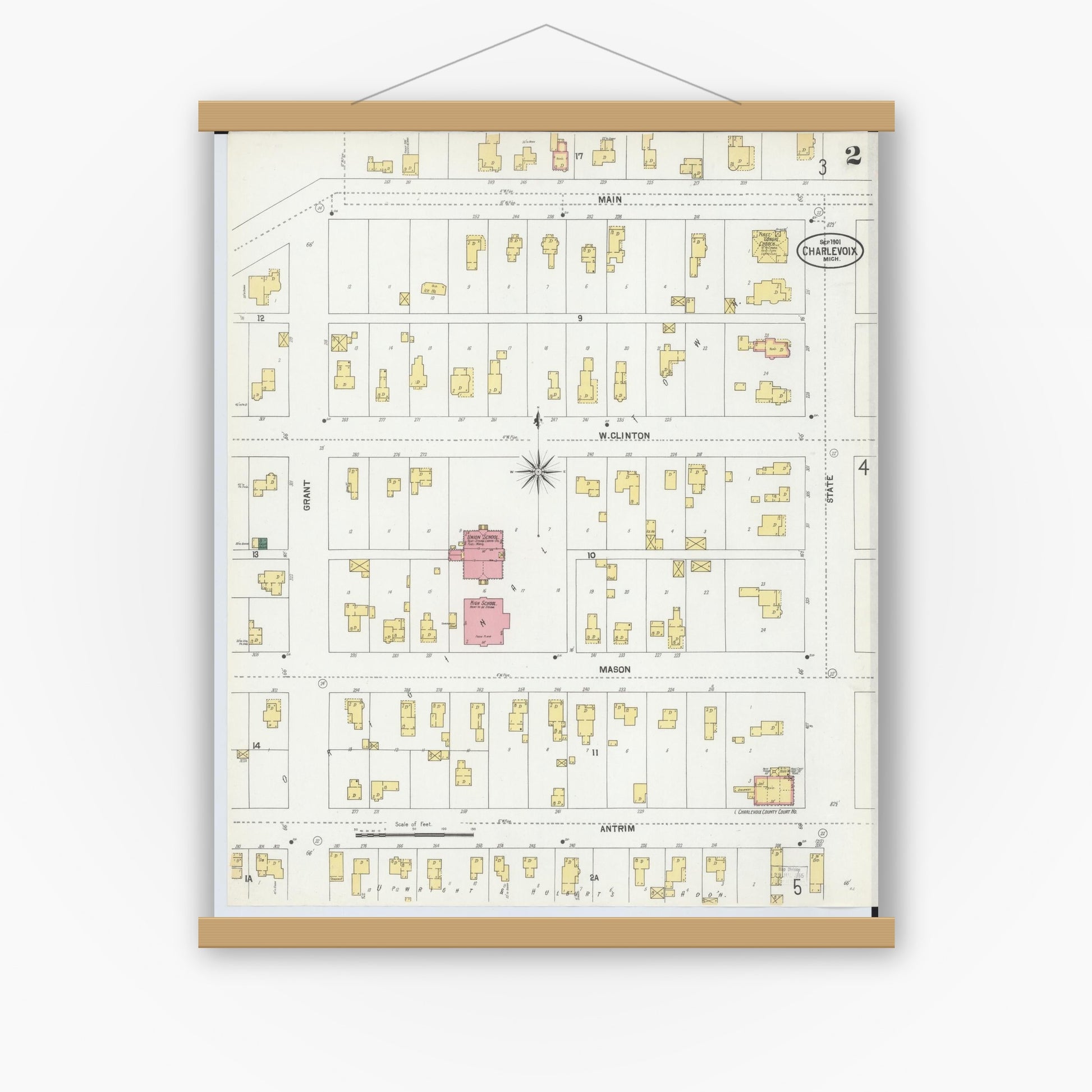 Old map wall art mockup — magnetic wood frame on white wall — Sanborn Fire Insurance Map from Charlevoix, Charlevoix County, Michigan (1901), Sheet #0002