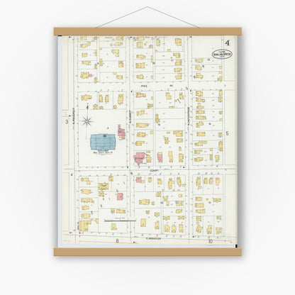 Old map wall art mockup — magnetic wood frame on white wall — Sanborn Fire Insurance Map from Bowling Green, Wood County, Ohio (1900), Sheet #0004