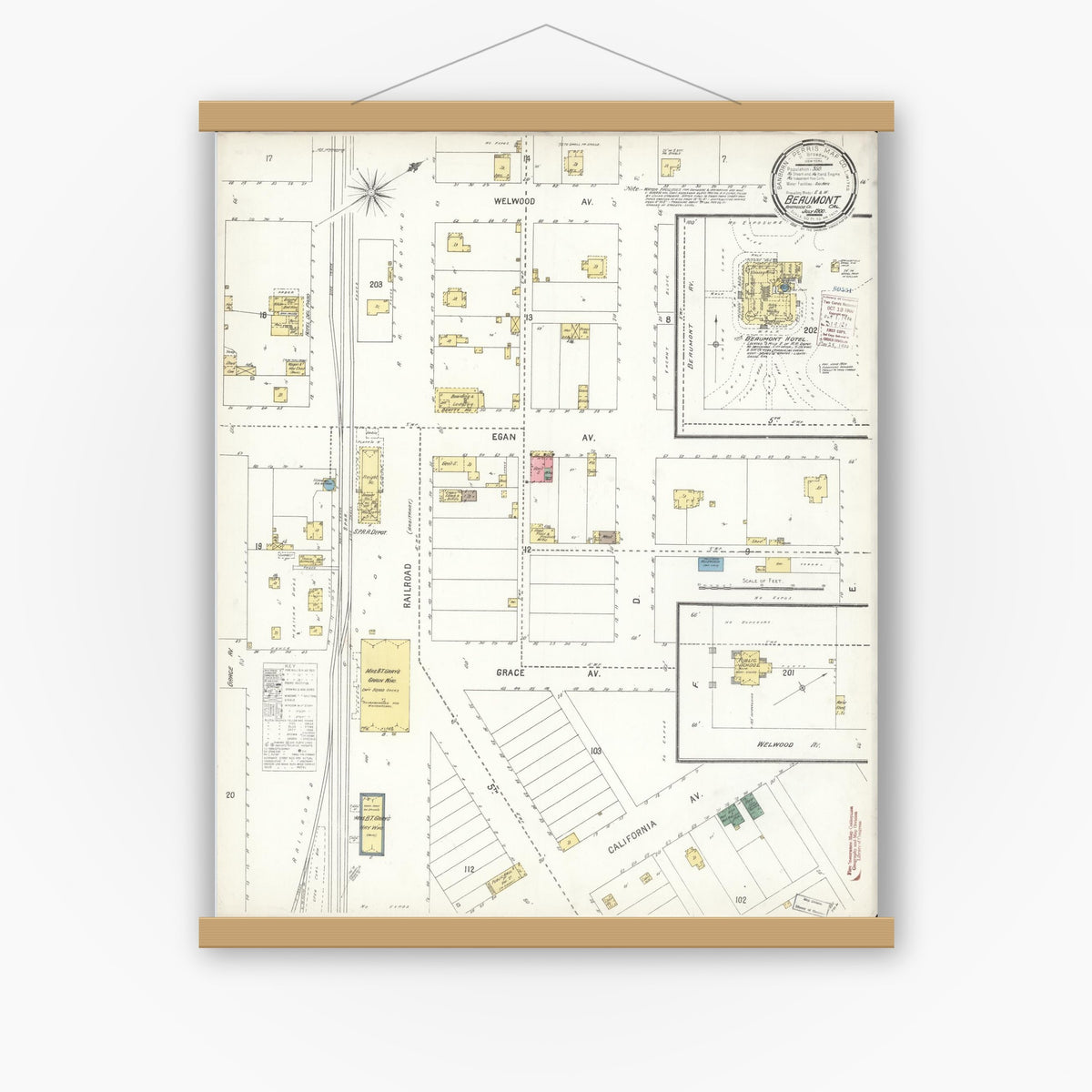 Old map wall art mockup — magnetic wood frame on white wall — Sanborn Fire Insurance Map from Beaumont, Riverside County, California (1900), Sheet #0001
