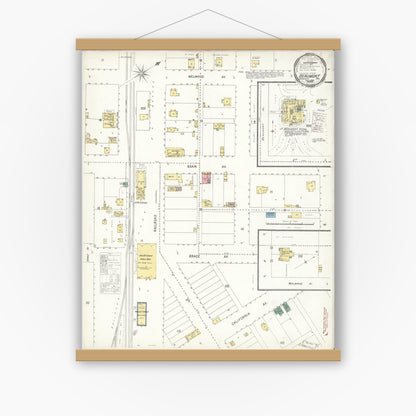 Old map wall art mockup — magnetic wood frame on white wall — Sanborn Fire Insurance Map from Beaumont, Riverside County, California (1900), Sheet #0001