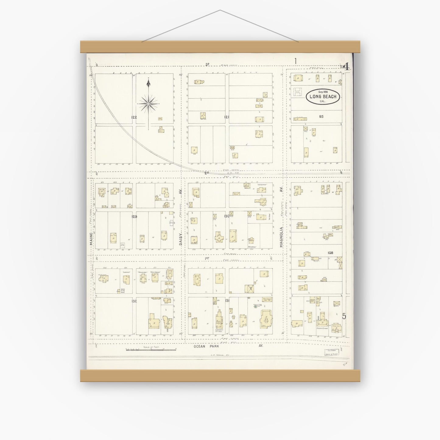 Old map wall art mockup — magnetic wood frame on white wall — Sanborn Fire Insurance Map from Long Beach, Los Angeles County, California (1898), Sheet #0004