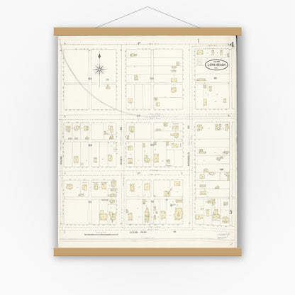 Old map wall art mockup — magnetic wood frame on white wall — Sanborn Fire Insurance Map from Long Beach, Los Angeles County, California (1898), Sheet #0004