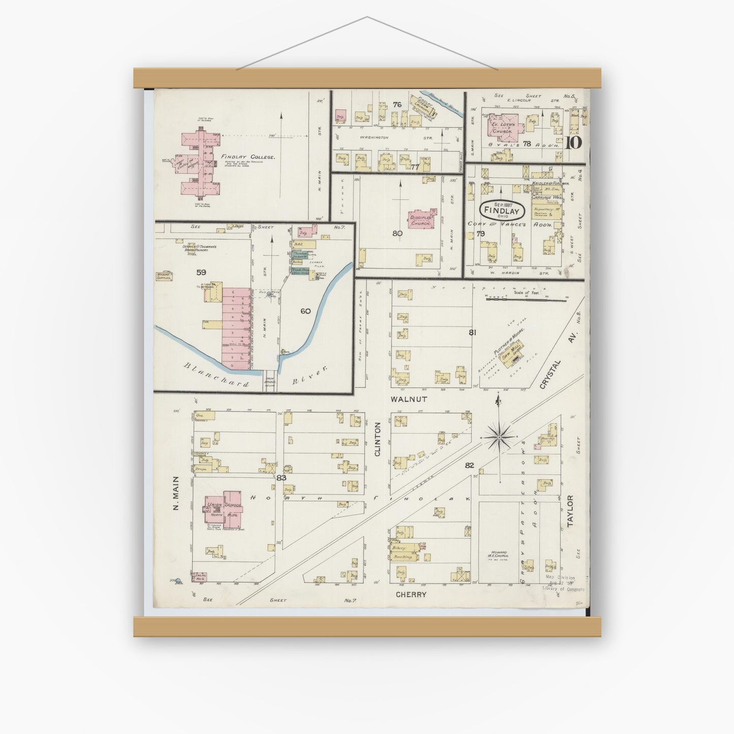 Old map wall art mockup — magnetic wood frame on white wall — Sanborn Fire Insurance Map from Findlay, Hancock County, Ohio (1887), Sheet #0010