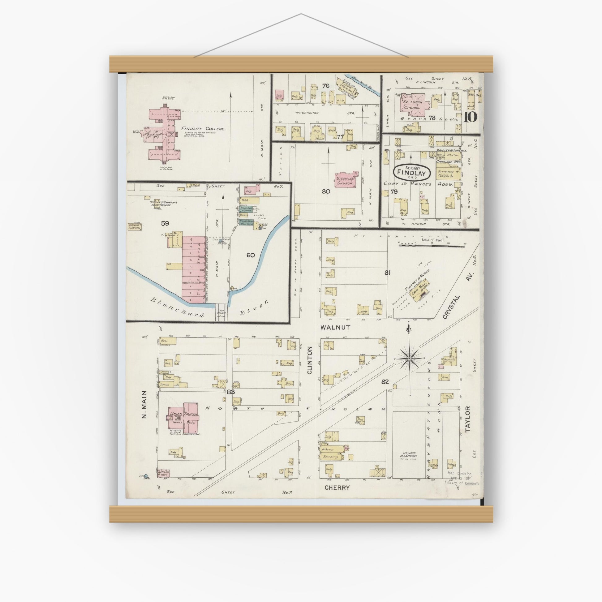 Old map wall art mockup — magnetic wood frame on white wall — Sanborn Fire Insurance Map from Findlay, Hancock County, Ohio (1887), Sheet #0010