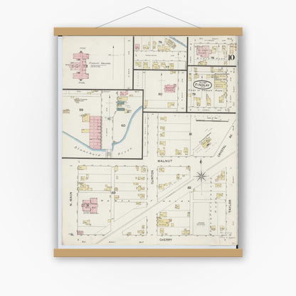 Old map wall art mockup — magnetic wood frame on white wall — Sanborn Fire Insurance Map from Findlay, Hancock County, Ohio (1887), Sheet #0010
