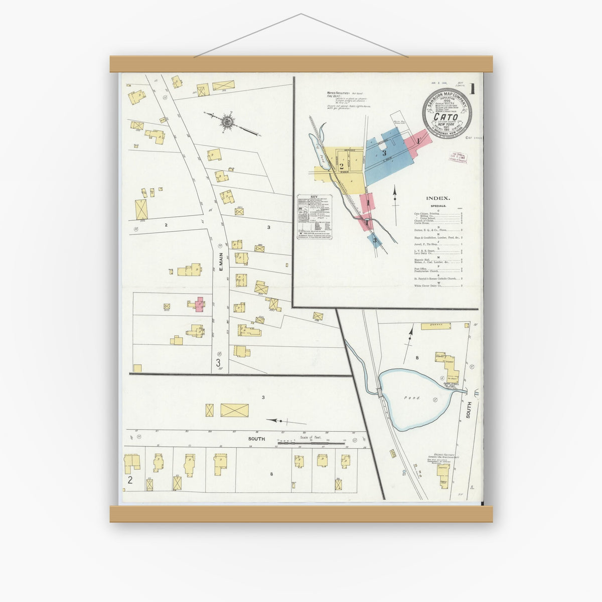 Old map wall art mockup — magnetic wood frame on white wall — Sanborn Fire Insurance Map from Cato, Cayuga County, New York (1911) - Complete Map Set