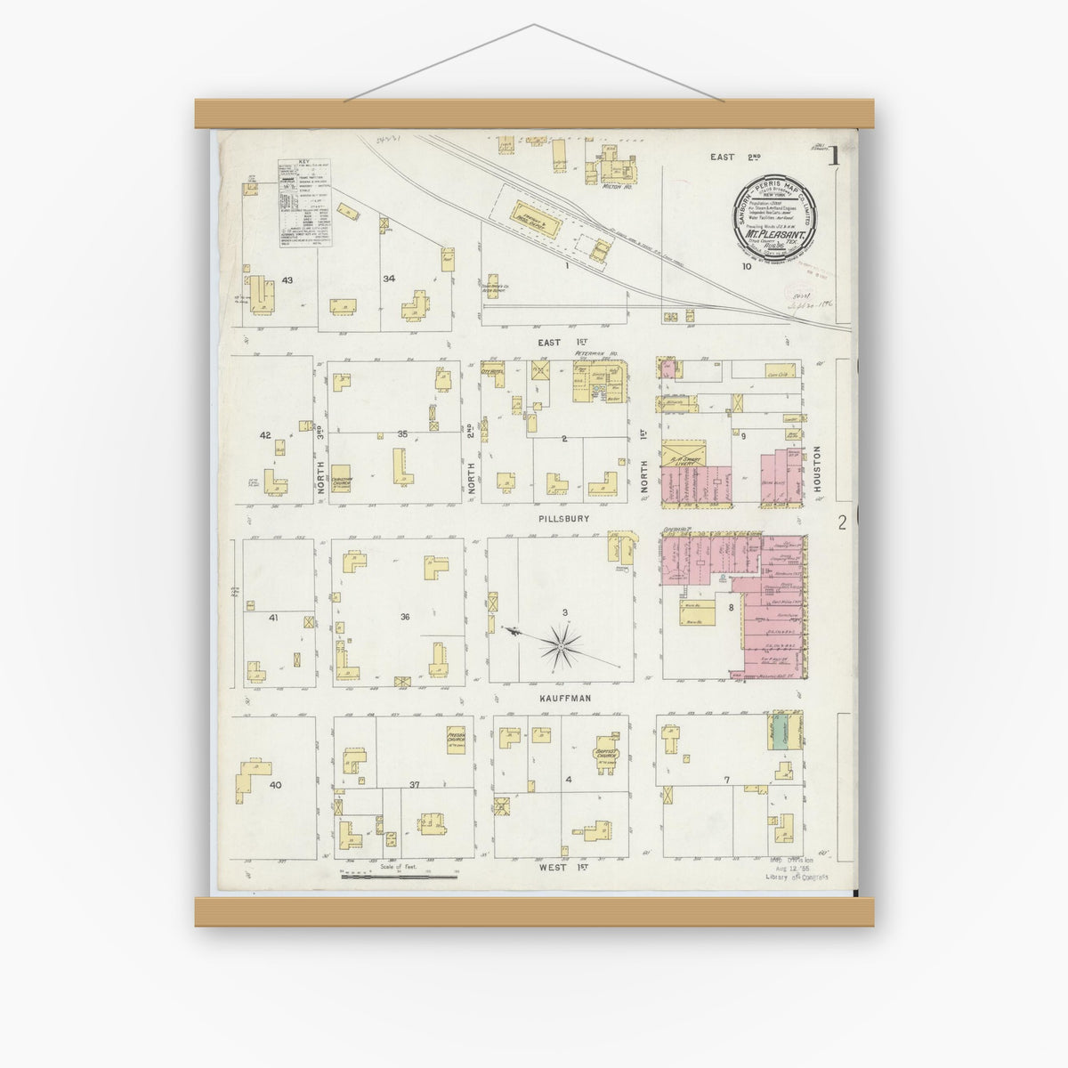 Old map wall art mockup — magnetic wood frame on white wall — Sanborn Fire Insurance Map from Mount Pleasant, Titus County, Texas (1896) - Complete Map Set