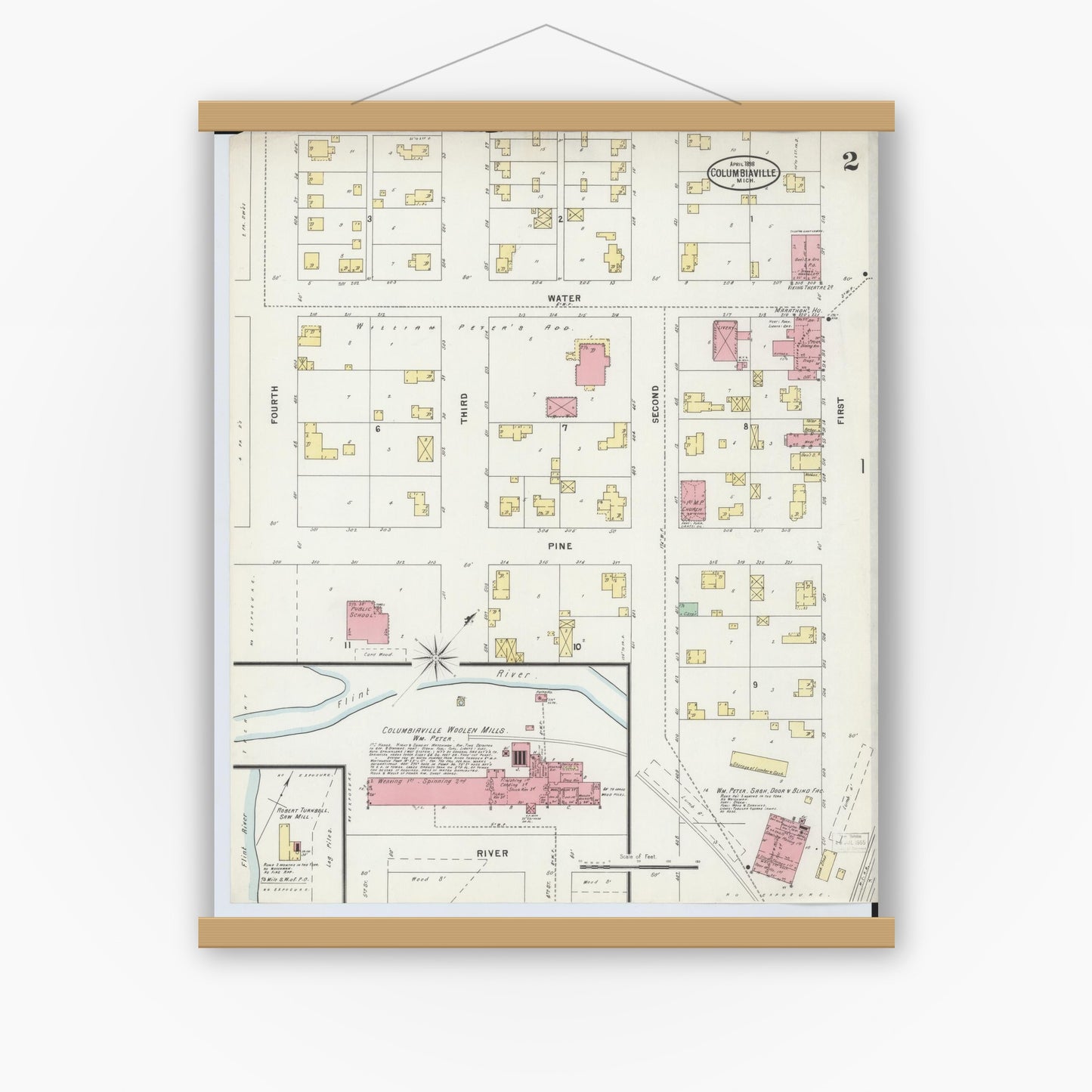 Old map wall art mockup — magnetic wood frame on white wall — Sanborn Fire Insurance Map from Columbiaville, Lapeer County, Michigan (1898), Sheet #0002