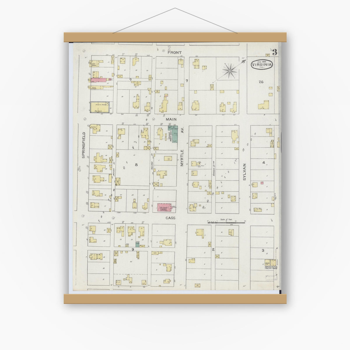 Old map wall art mockup — magnetic wood frame on white wall — Sanborn Fire Insurance Map from Virginia, Cass County, Illinois (1894), Sheet #0003
