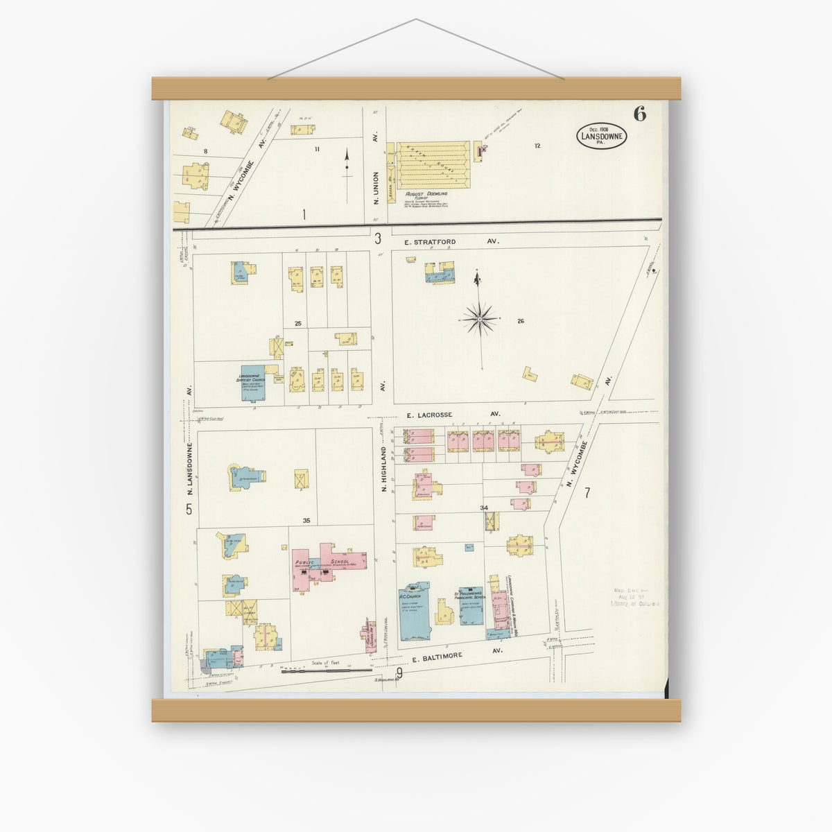 Old map wall art mockup — magnetic wood frame on white wall — Sanborn Fire Insurance Map from Lansdowne, Delaware County, Pennsylvania (1908), Sheet #0006