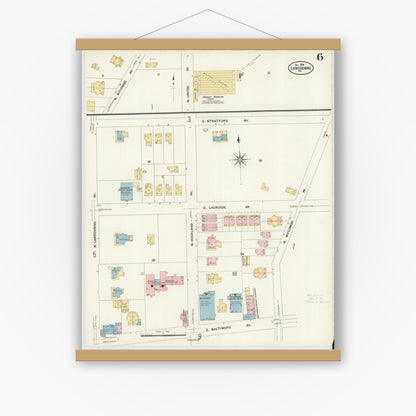 Old map wall art mockup — magnetic wood frame on white wall — Sanborn Fire Insurance Map from Lansdowne, Delaware County, Pennsylvania (1908), Sheet #0006