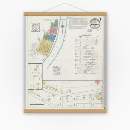 Old map wall art mockup — magnetic wood frame on white wall — Sanborn Fire Insurance Map from Middleport, Meigs County, Ohio (1916), Sheet #0001