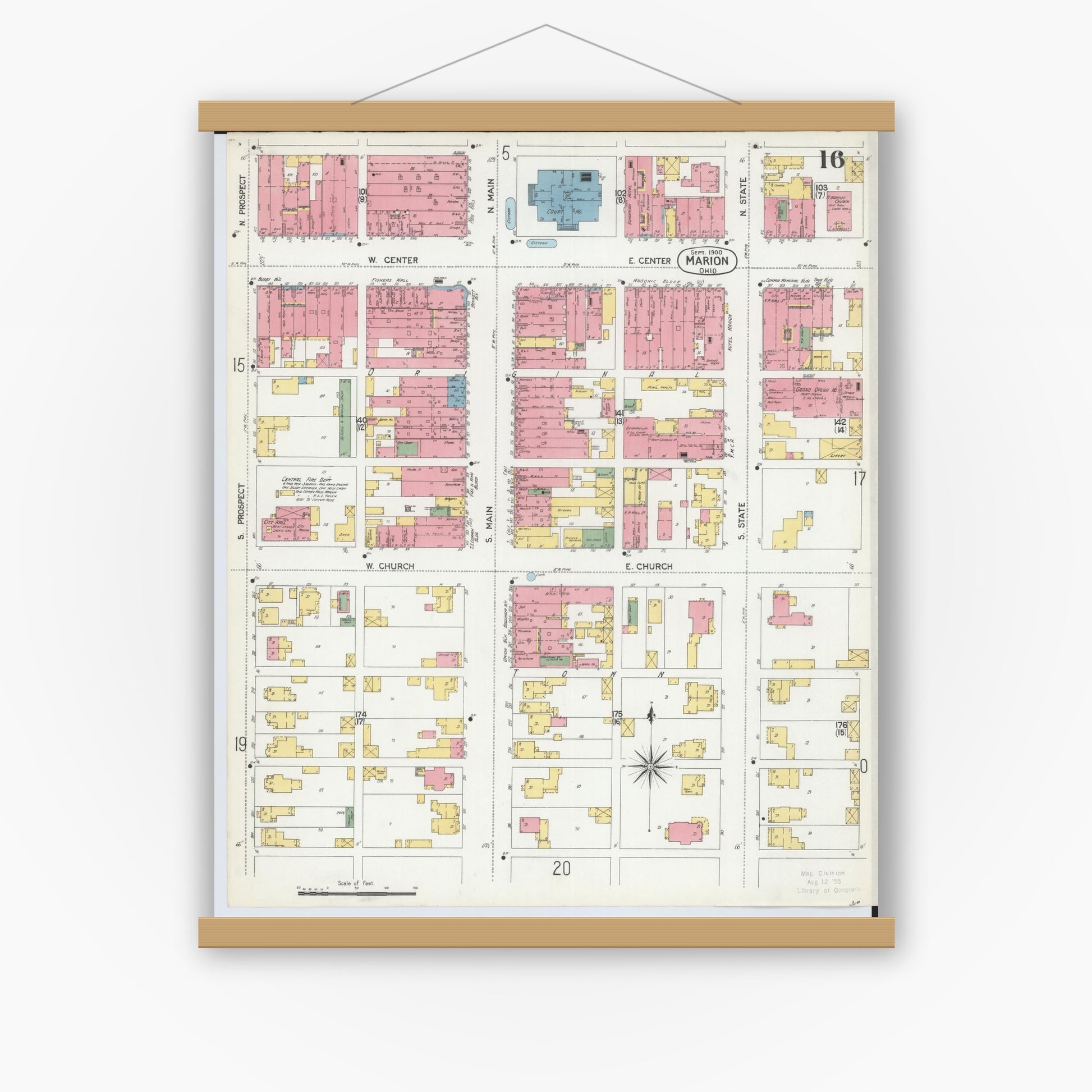 Old map wall art mockup — magnetic wood frame on white wall — Sanborn Fire Insurance Map from Marion, Marion County, Ohio (1900), Sheet #0016