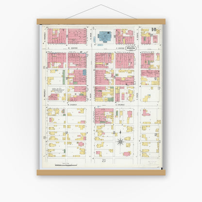 Old map wall art mockup — magnetic wood frame on white wall — Sanborn Fire Insurance Map from Marion, Marion County, Ohio (1900), Sheet #0016