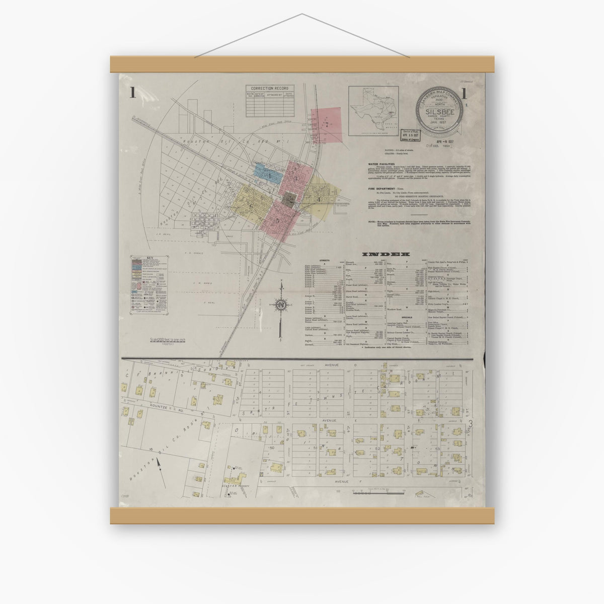 Old map wall art mockup — magnetic wood frame on white wall — Sanborn Fire Insurance Map from Silsbee, Hardin County, Texas (1937) - Complete Map Set