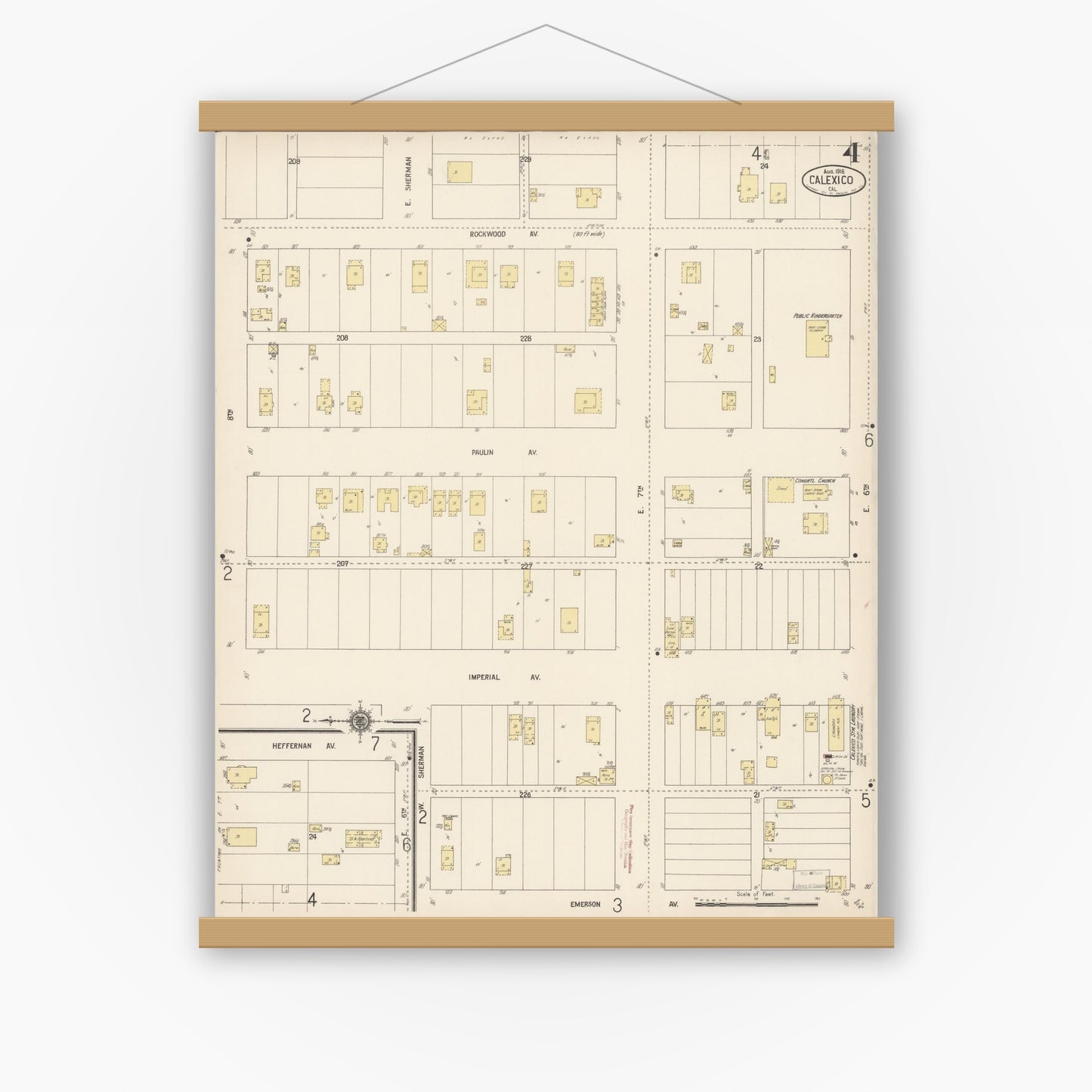 Old map wall art mockup — magnetic wood frame on white wall — Sanborn Fire Insurance Map from Calexico, Imperial County, California (1916), Sheet #0004