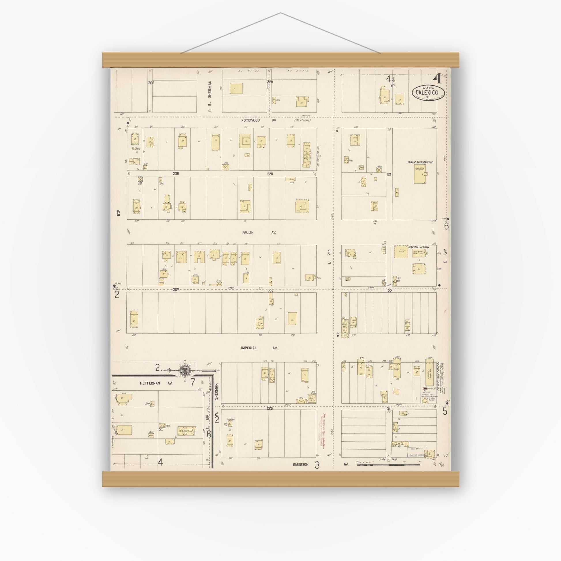Old map wall art mockup — magnetic wood frame on white wall — Sanborn Fire Insurance Map from Calexico, Imperial County, California (1916), Sheet #0004