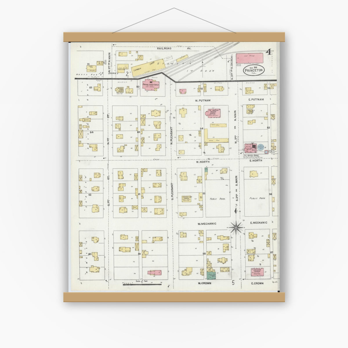 Old map wall art mockup — magnetic wood frame on white wall — Sanborn Fire Insurance Map from Princeton, Bureau County, Illinois (1906), Sheet #0004