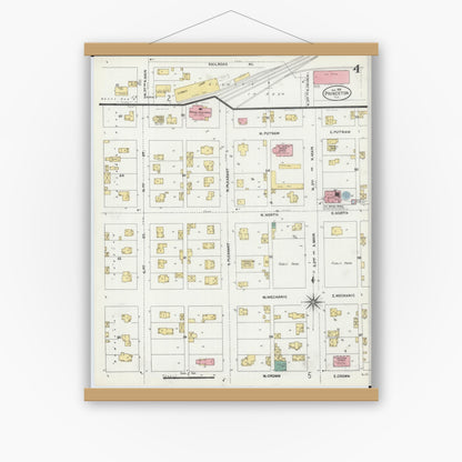 Old map wall art mockup — magnetic wood frame on white wall — Sanborn Fire Insurance Map from Princeton, Bureau County, Illinois (1906), Sheet #0004