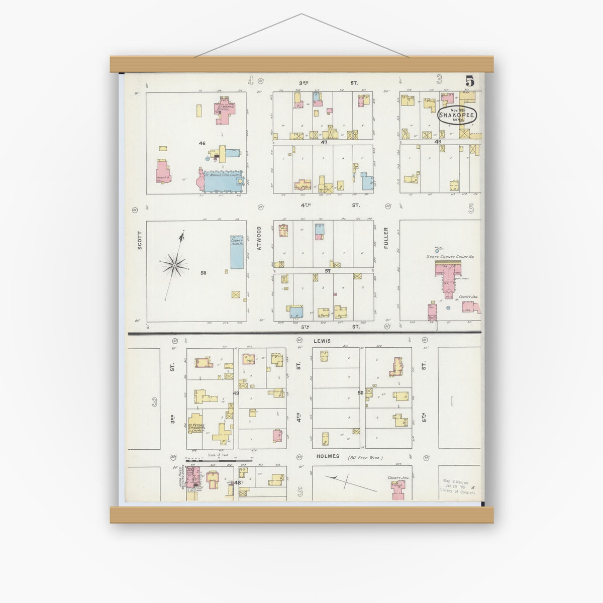 Old map wall art mockup — magnetic wood frame on white wall — Sanborn Fire Insurance Map from Shakopee, Scott County, Minnesota (1895), Sheet #0005
