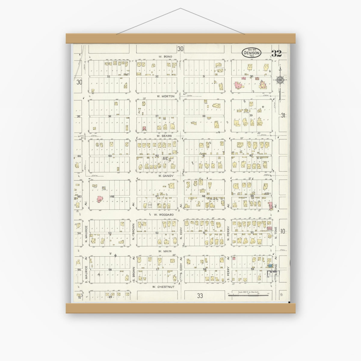 Old map wall art mockup — magnetic wood frame on white wall — Sanborn Fire Insurance Map from Denison, Grayson County, Texas (1914), Sheet #0032