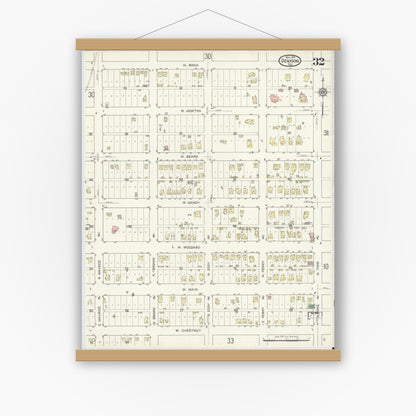 Old map wall art mockup — magnetic wood frame on white wall — Sanborn Fire Insurance Map from Denison, Grayson County, Texas (1914), Sheet #0032