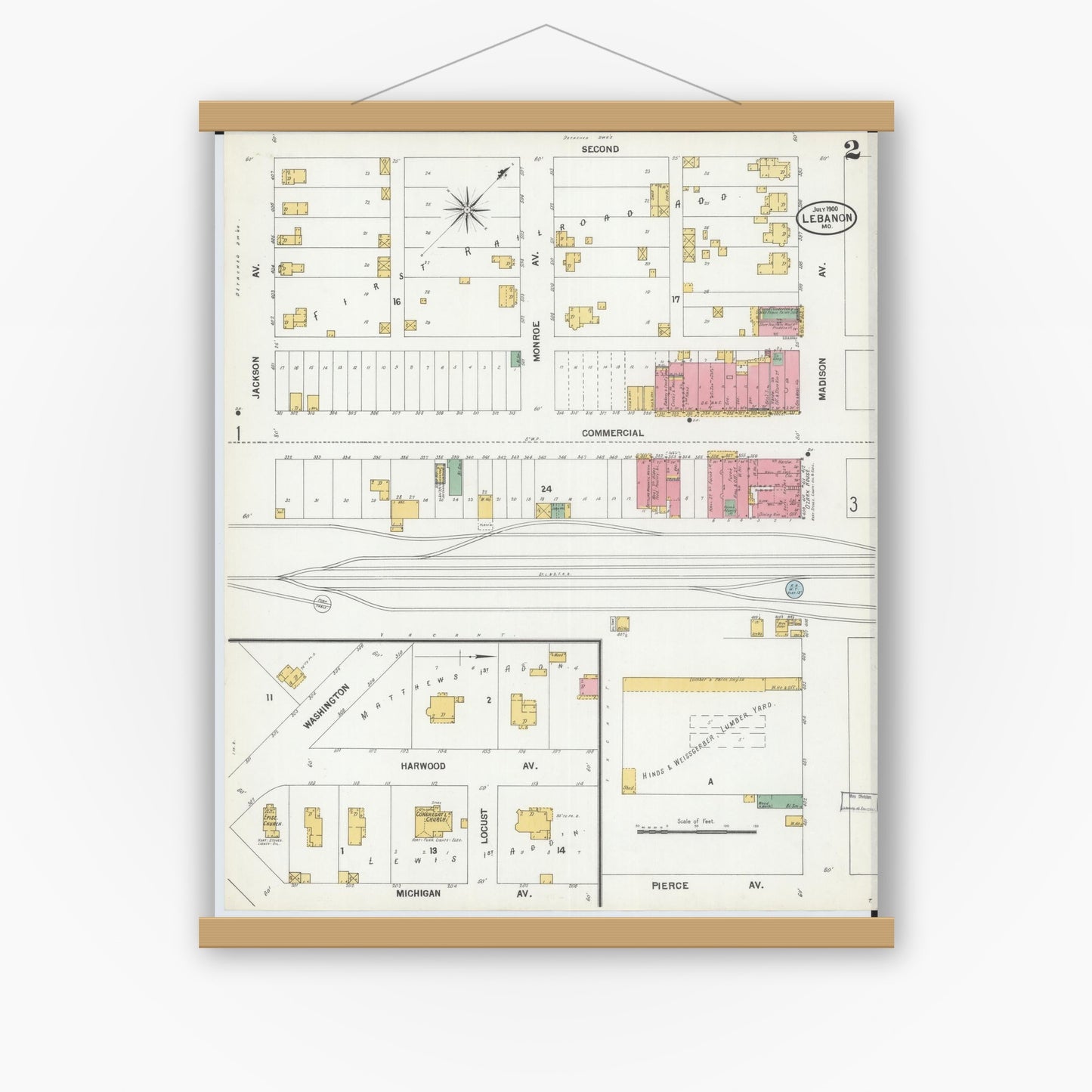 Old map wall art mockup — magnetic wood frame on white wall — Sanborn Fire Insurance Map from Lebanon, Laclede County, Missouri (1900), Sheet #0002
