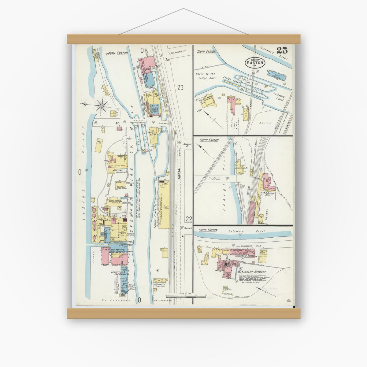 Old map wall art mockup — magnetic wood frame on white wall — Sanborn Fire Insurance Map from Easton, Northampton County, Pennsylvania (1897), Sheet #0025