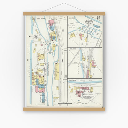 Old map wall art mockup — magnetic wood frame on white wall — Sanborn Fire Insurance Map from Easton, Northampton County, Pennsylvania (1897), Sheet #0025