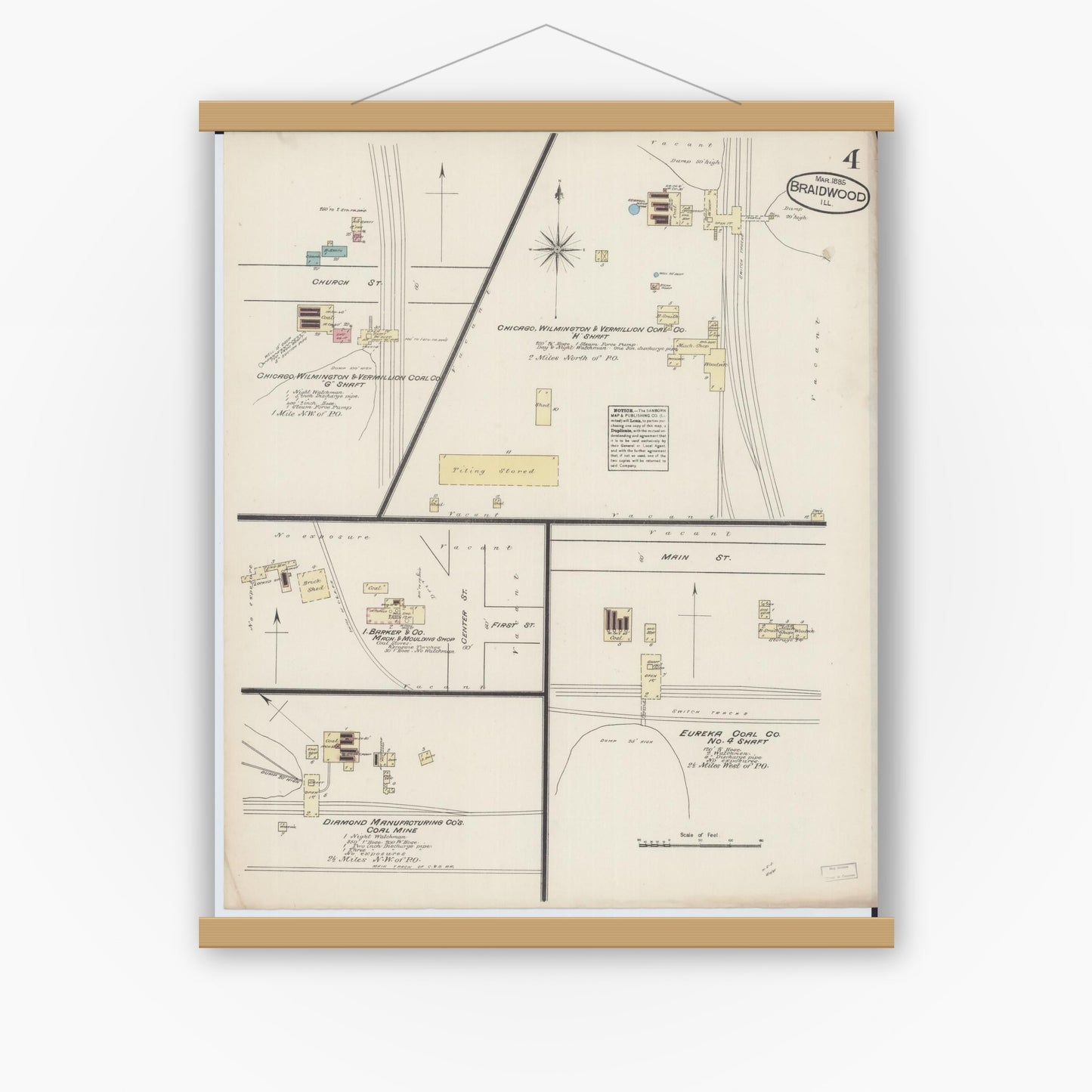 Old map wall art mockup — magnetic wood frame on white wall — Sanborn Fire Insurance Map from Braidwood, Will County, Illinois (1885), Sheet #0004