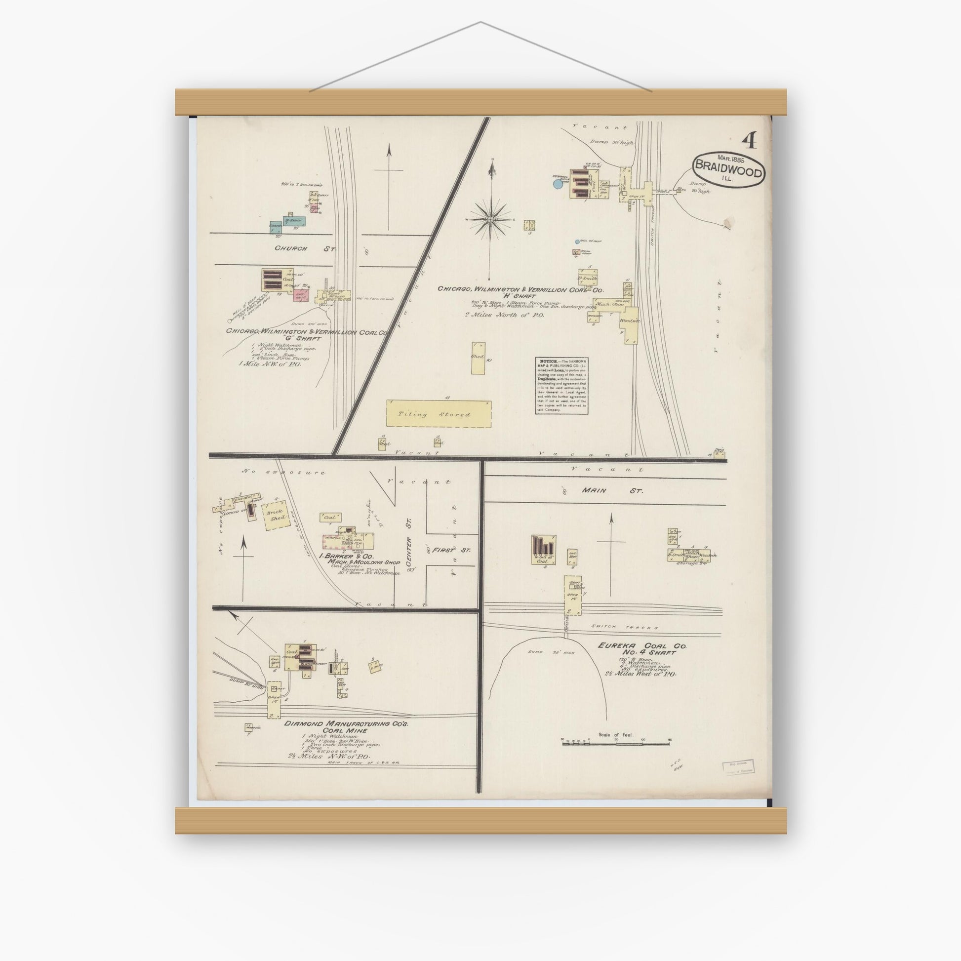Old map wall art mockup — magnetic wood frame on white wall — Sanborn Fire Insurance Map from Braidwood, Will County, Illinois (1885), Sheet #0004
