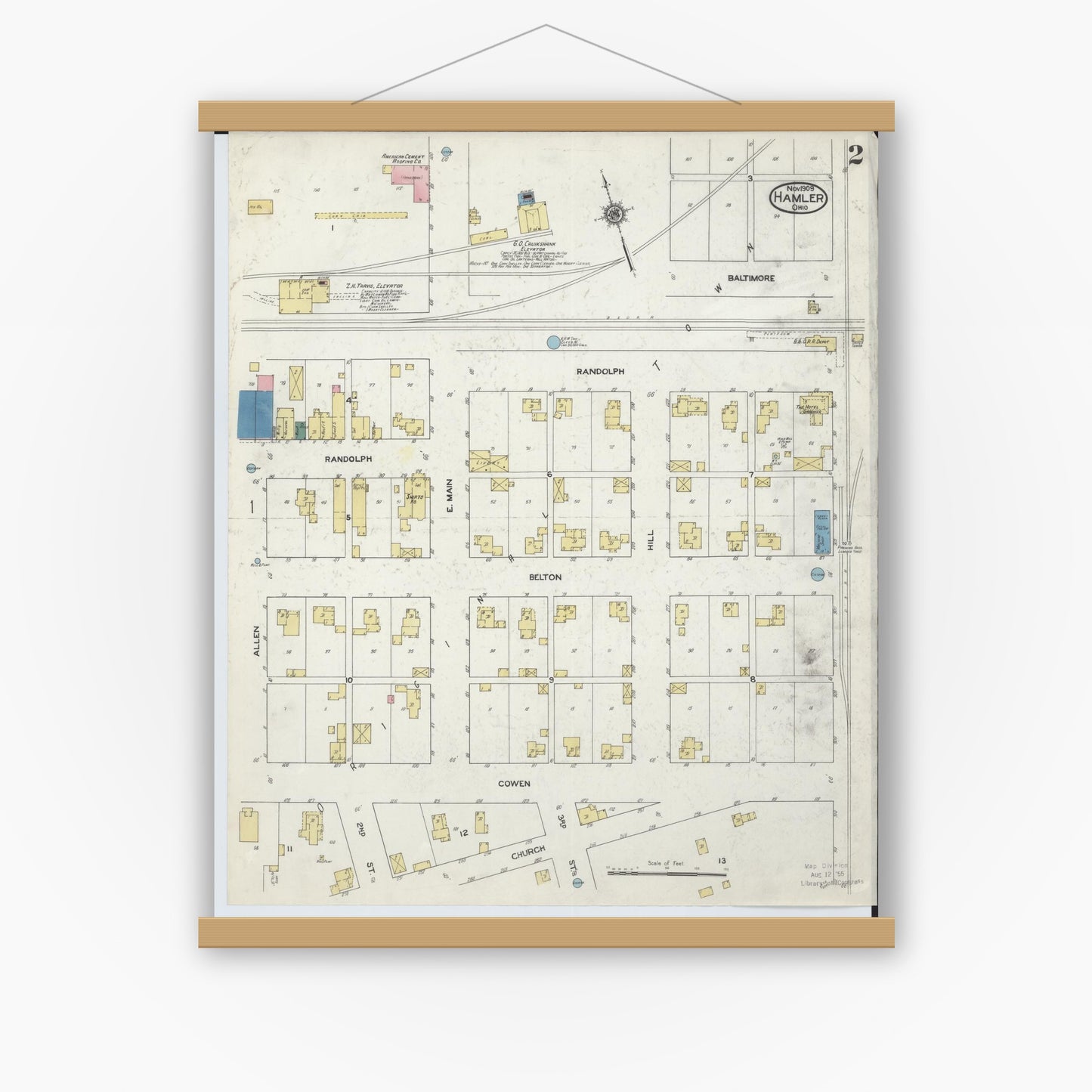 Old map wall art mockup — magnetic wood frame on white wall — Sanborn Fire Insurance Map from Hamler, Henry County, Ohio (1909), Sheet #0002