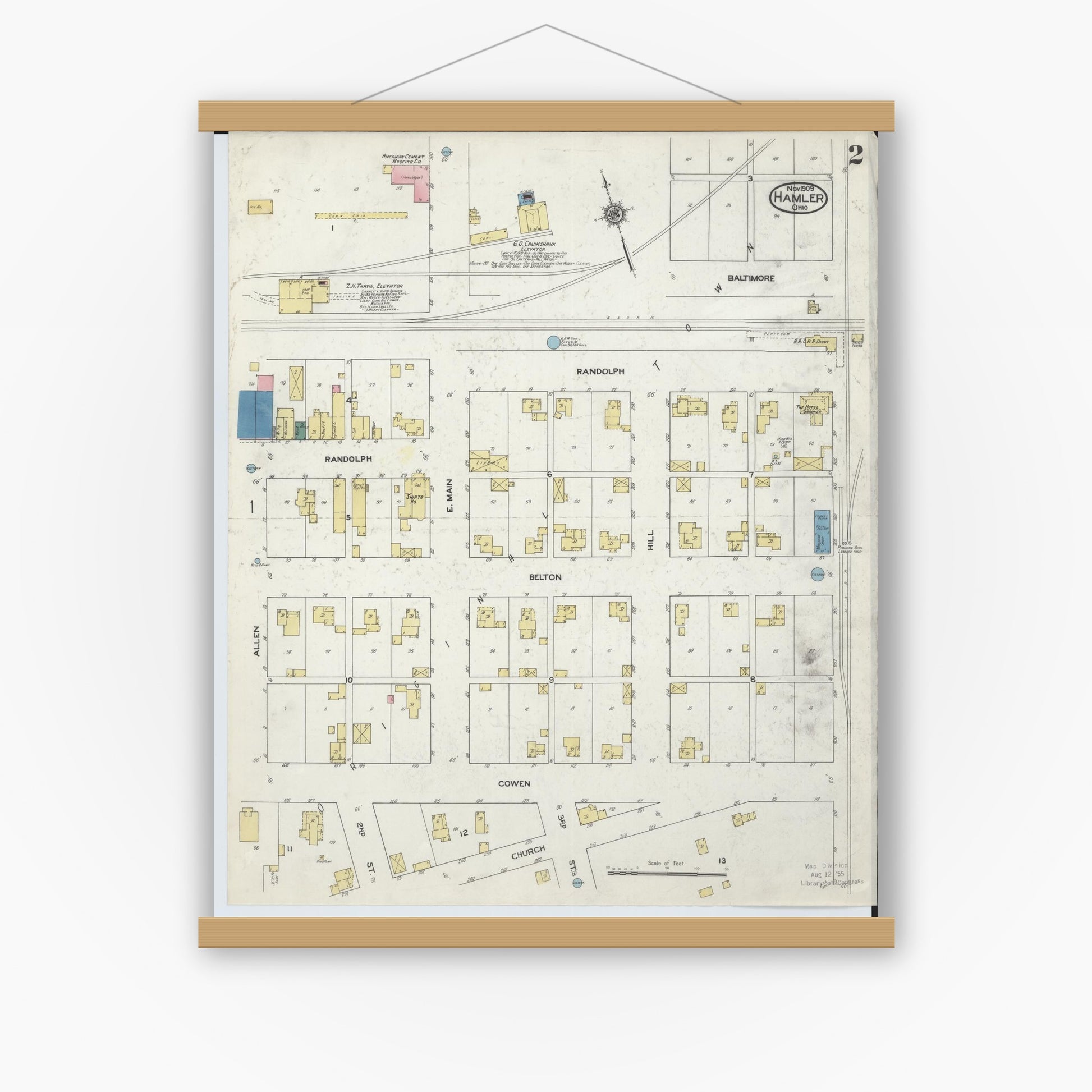 Old map wall art mockup — magnetic wood frame on white wall — Sanborn Fire Insurance Map from Hamler, Henry County, Ohio (1909), Sheet #0002