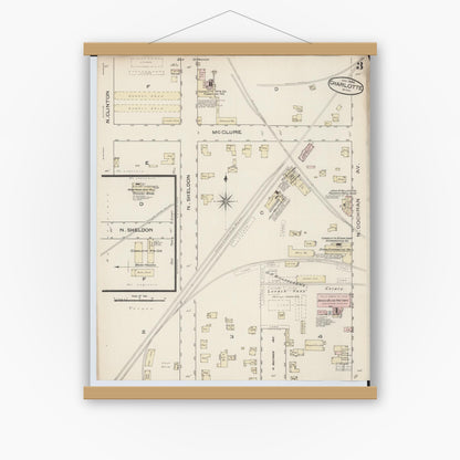 Old map wall art mockup — magnetic wood frame on white wall — Sanborn Fire Insurance Map from Charlotte, Eaton County, Michigan (1886), Sheet #0003