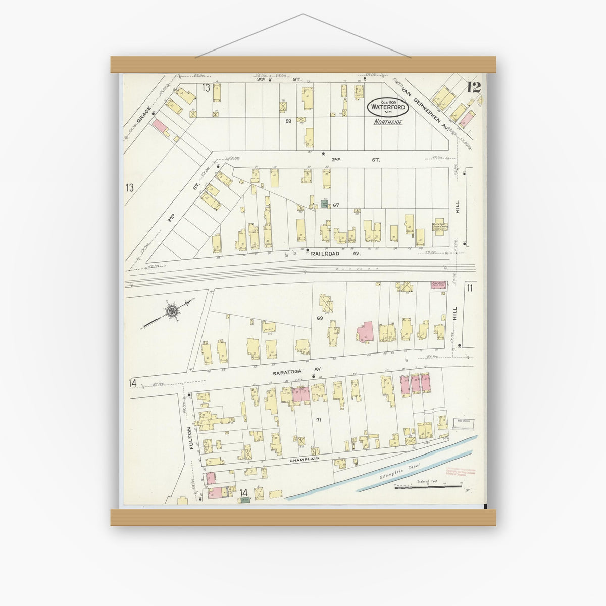 Old map wall art mockup — magnetic wood frame on white wall — Sanborn Fire Insurance Map from Waterford, Saratoga County, New York (1909), Sheet #0012