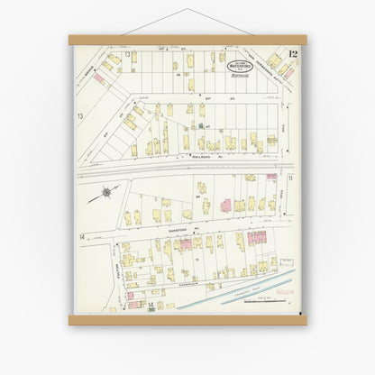 Old map wall art mockup — magnetic wood frame on white wall — Sanborn Fire Insurance Map from Waterford, Saratoga County, New York (1909), Sheet #0012