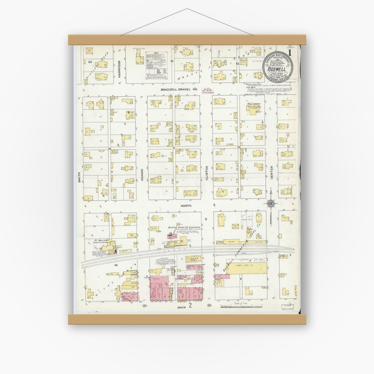 Old map wall art mockup — magnetic wood frame on white wall — Sanborn Fire Insurance Map from Boswell, Benton County, Indiana (1910), Sheet #0001