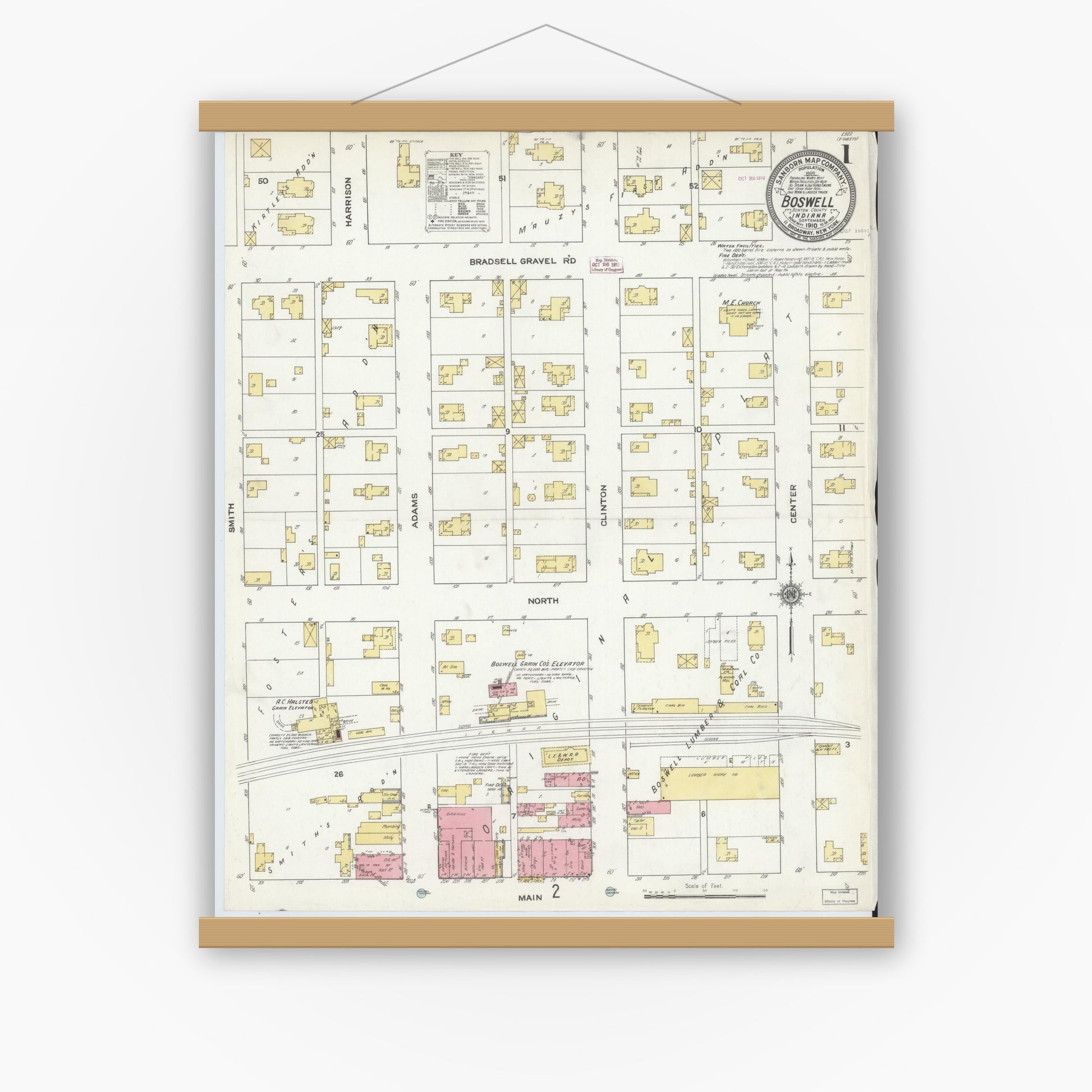 Old map wall art mockup — magnetic wood frame on white wall — Sanborn Fire Insurance Map from Boswell, Benton County, Indiana (1910), Sheet #0001