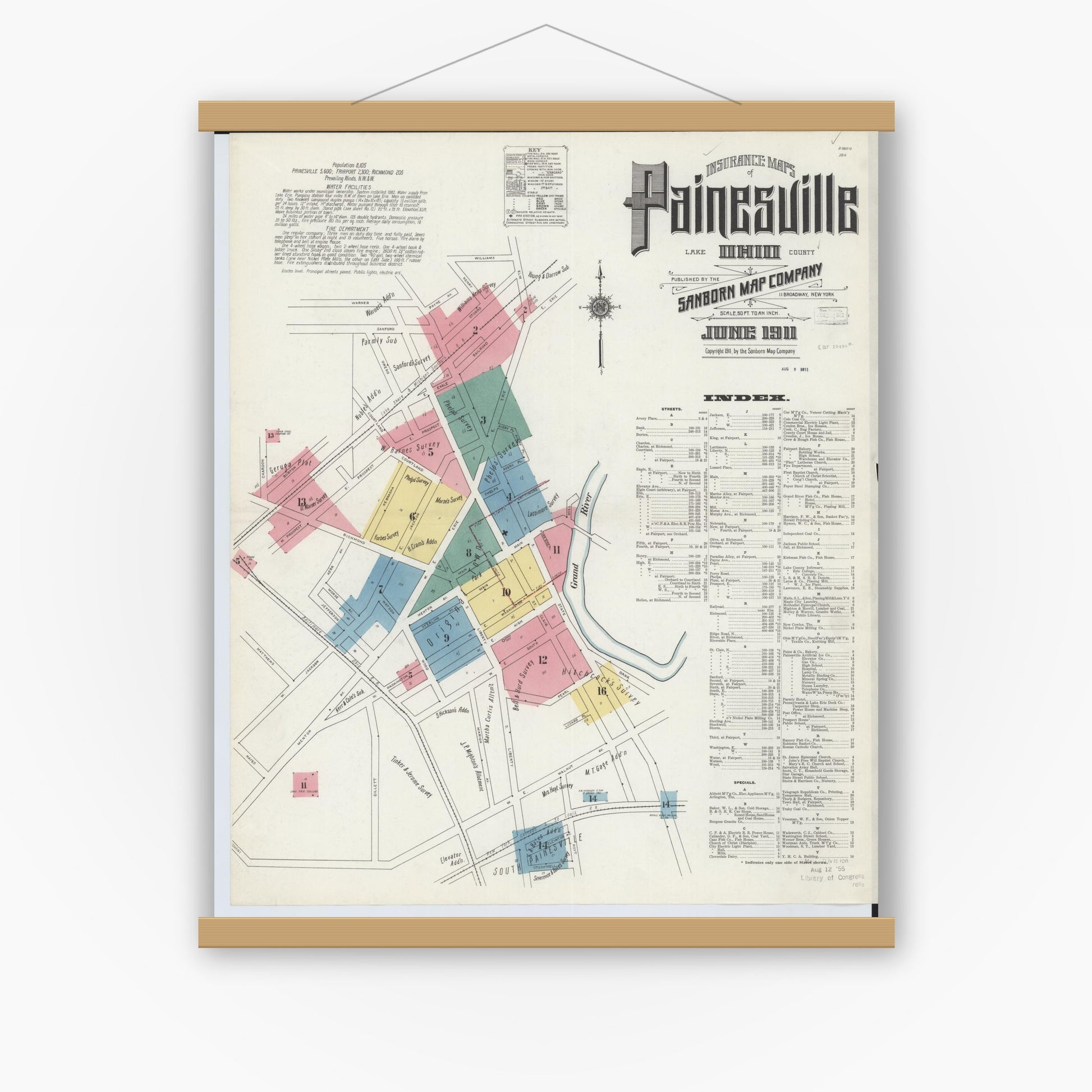 Old map wall art mockup — magnetic wood frame on white wall — Sanborn Fire Insurance Map from Painesville, Lake County, Ohio (1911), Sheet #0001