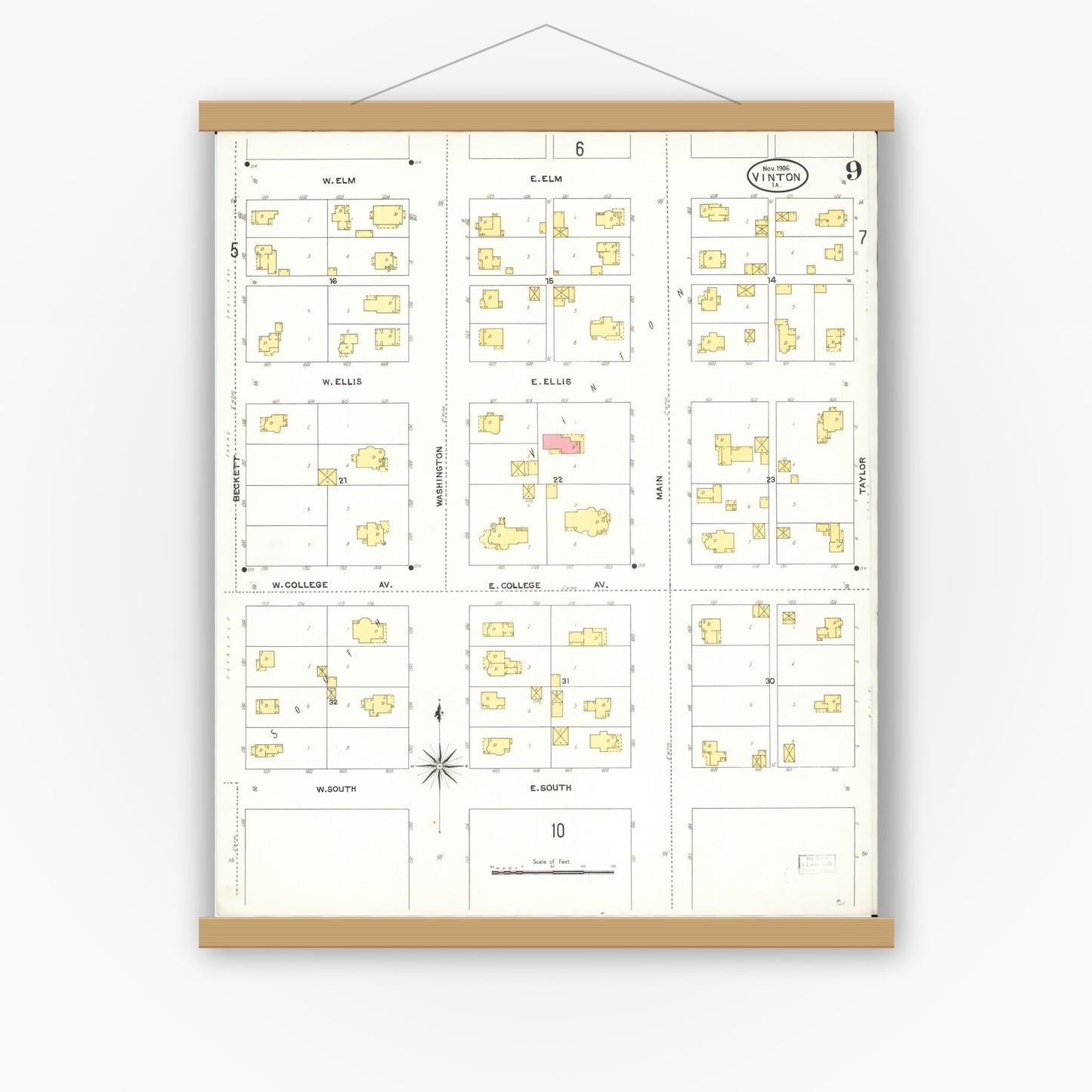 Old map wall art mockup — magnetic wood frame on white wall — Sanborn Fire Insurance Map from Vinton, Benton County, Iowa (1906), Sheet #0009